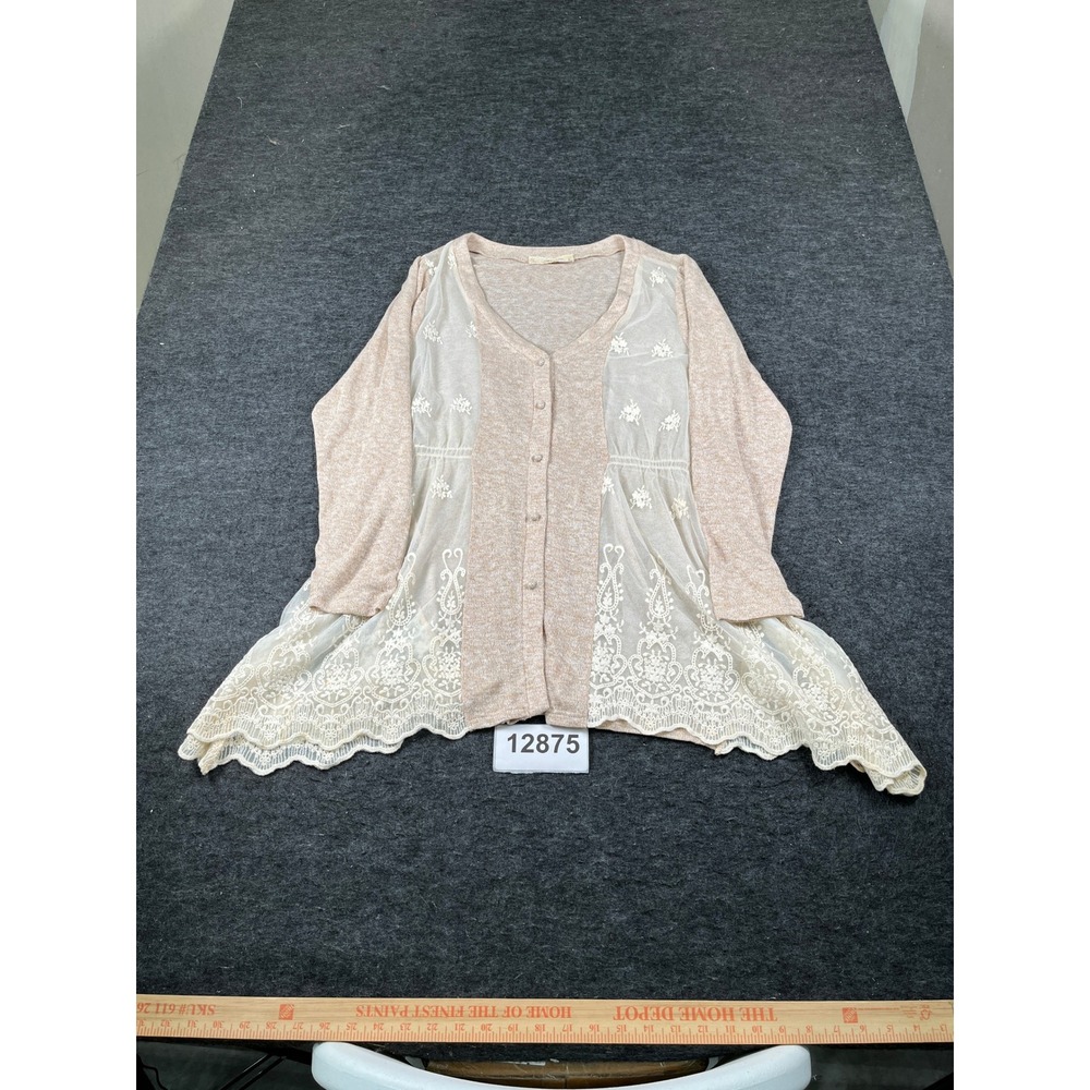A'reve Cardigan Sweater Womens 1XL Tan Cotton Lace Embroidered Button Front